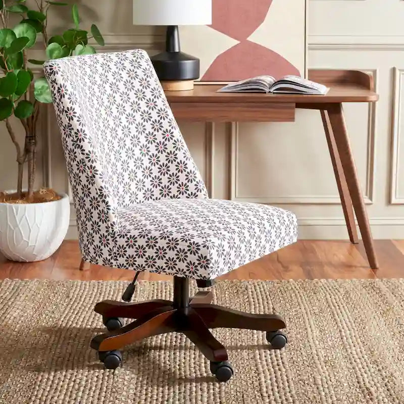 Swivel Desk Chair with Patterned Fabric and Espresso Rolling Base