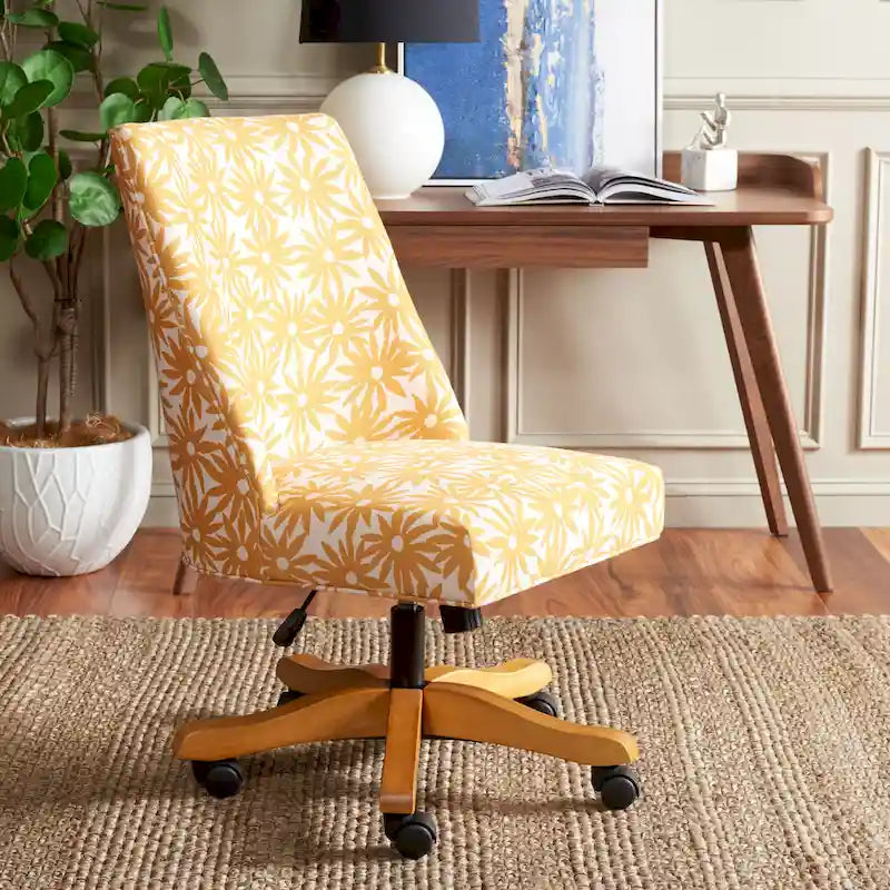 Swivel Desk Chair with Patterned Fabric and Espresso Rolling Base