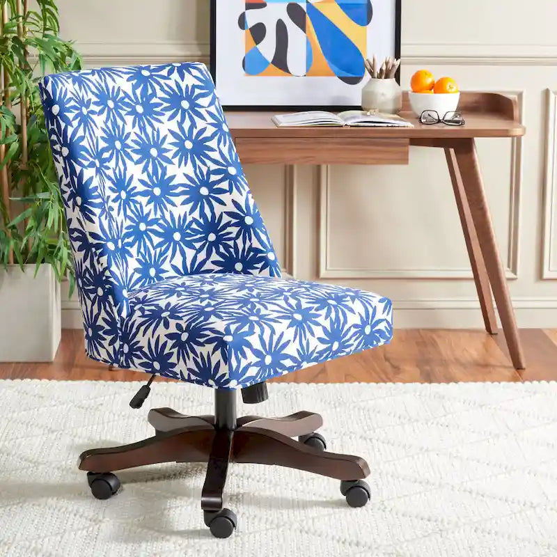 Swivel Desk Chair with Patterned Fabric and Espresso Rolling Base