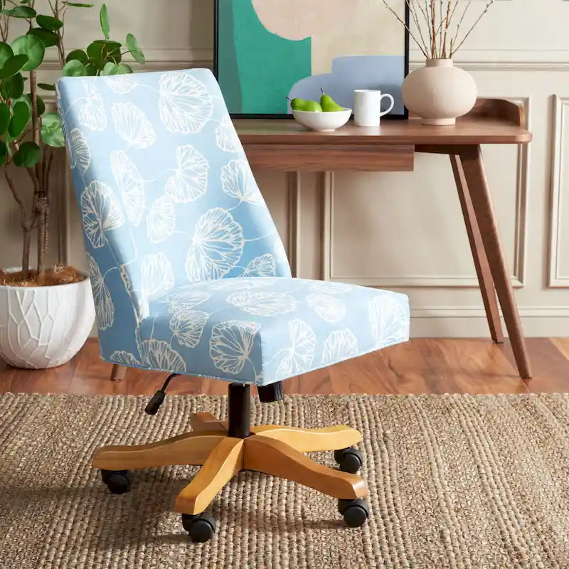 Swivel Desk Chair with Patterned Fabric and Espresso Rolling Base