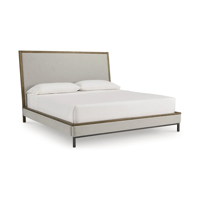 Beige & Light Brown Upholstered Platform Bed