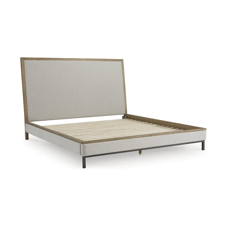 Beige & Light Brown Upholstered Platform Bed