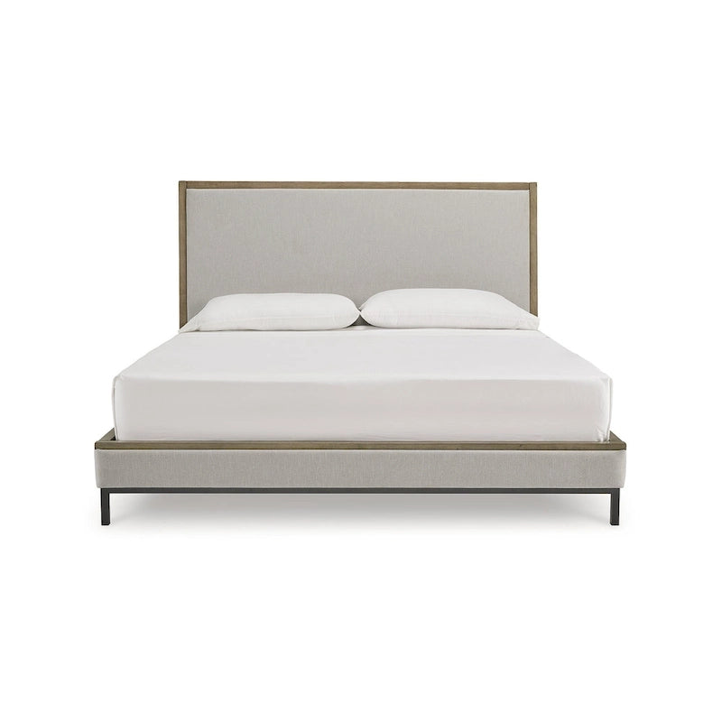 Beige & Light Brown Upholstered Platform Bed