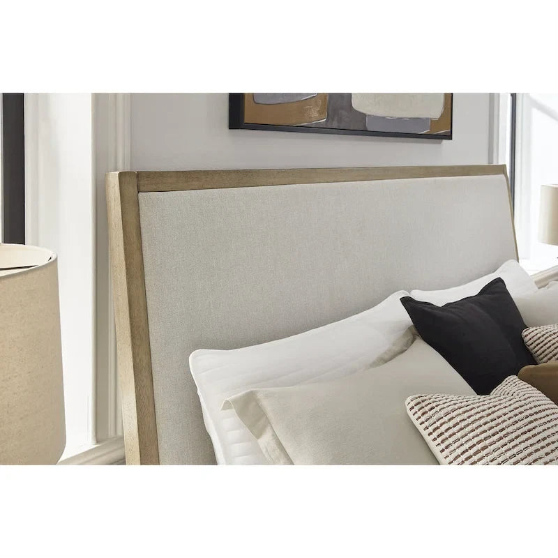 Beige & Light Brown Upholstered Platform Bed
