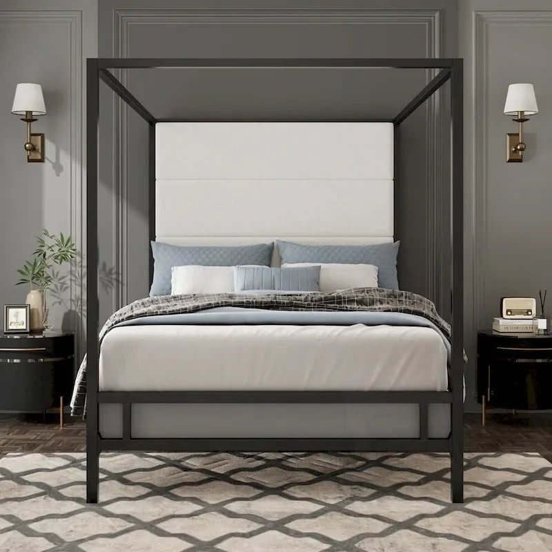 Metal 4-Poster Canopy Bed with Upholstered Headboard