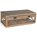 Cocktail Table with 2 Drawers, Shelf, 48 Inch Rectangular Light Brown