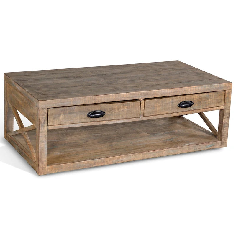 Cocktail Table with 2 Drawers, Shelf, 48 Inch Rectangular Light Brown