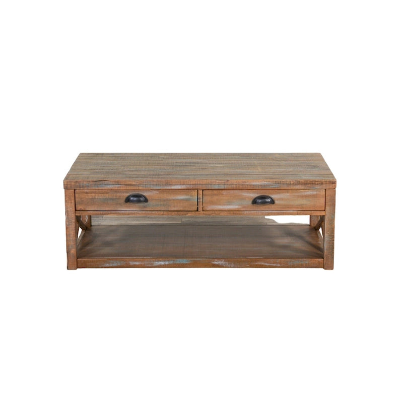 Cocktail Table with 2 Drawers, Shelf, 48 Inch Rectangular Light Brown