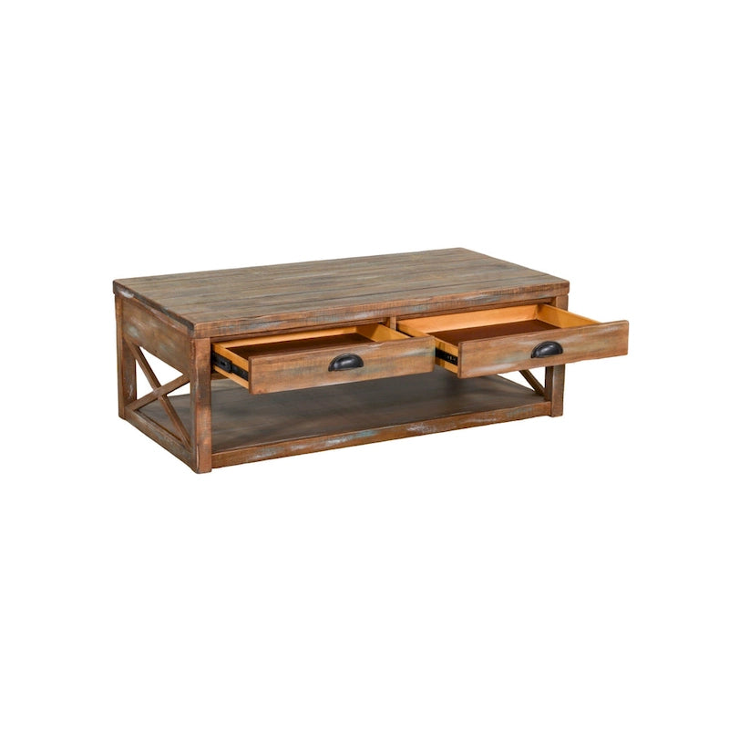 Cocktail Table with 2 Drawers, Shelf, 48 Inch Rectangular Light Brown