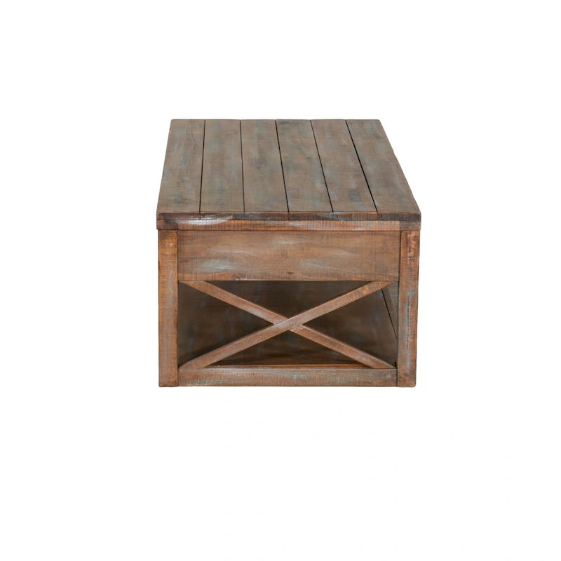 Cocktail Table with 2 Drawers, Shelf, 48 Inch Rectangular Light Brown