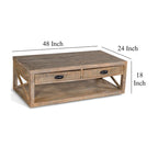 Cocktail Table with 2 Drawers, Shelf, 48 Inch Rectangular Light Brown