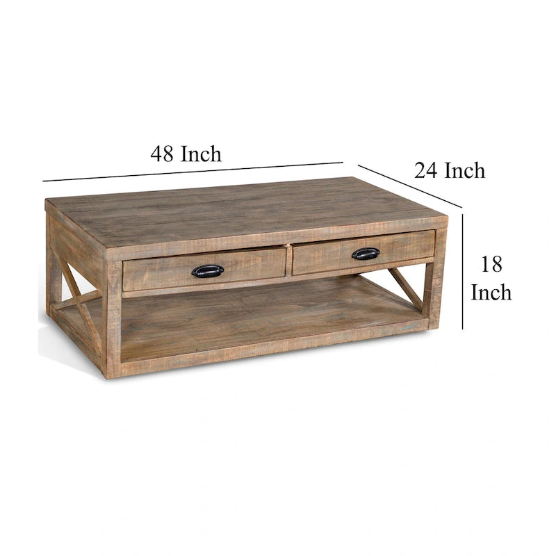 Cocktail Table with 2 Drawers, Shelf, 48 Inch Rectangular Light Brown