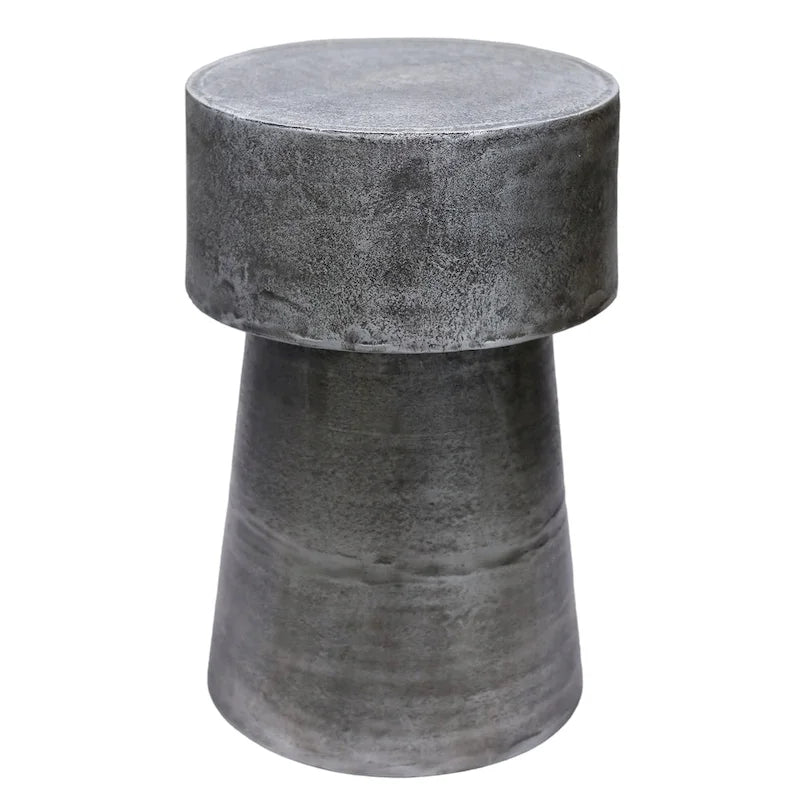 Vintage Accent Side Table, 15.5 Inch Round, Antique Silver Cast Aluminum Drum Base