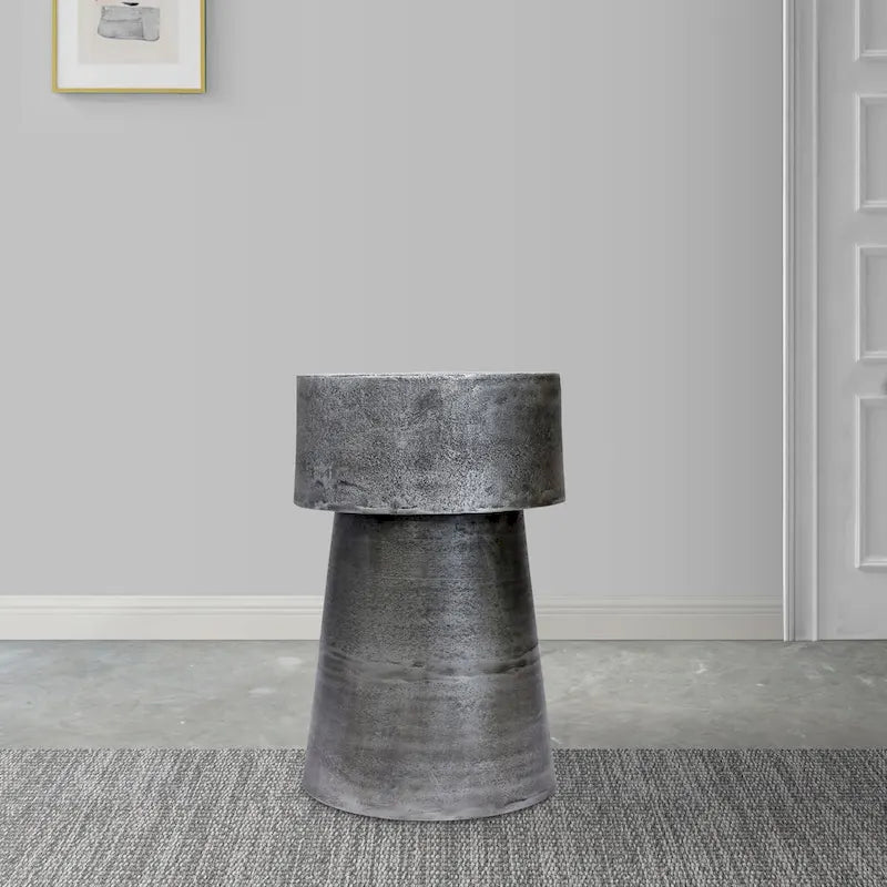 Vintage Accent Side Table, 15.5 Inch Round, Antique Silver Cast Aluminum Drum Base