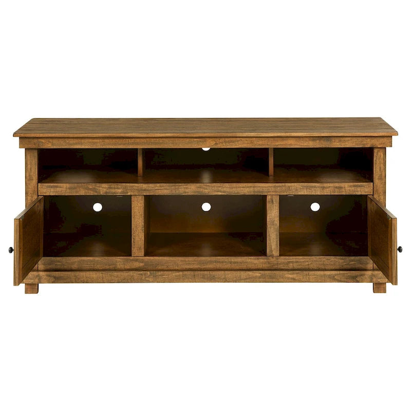 TV Stand Media Cabinet, 2 Doors and 4 Shelves, Brown Wood 60 Inch