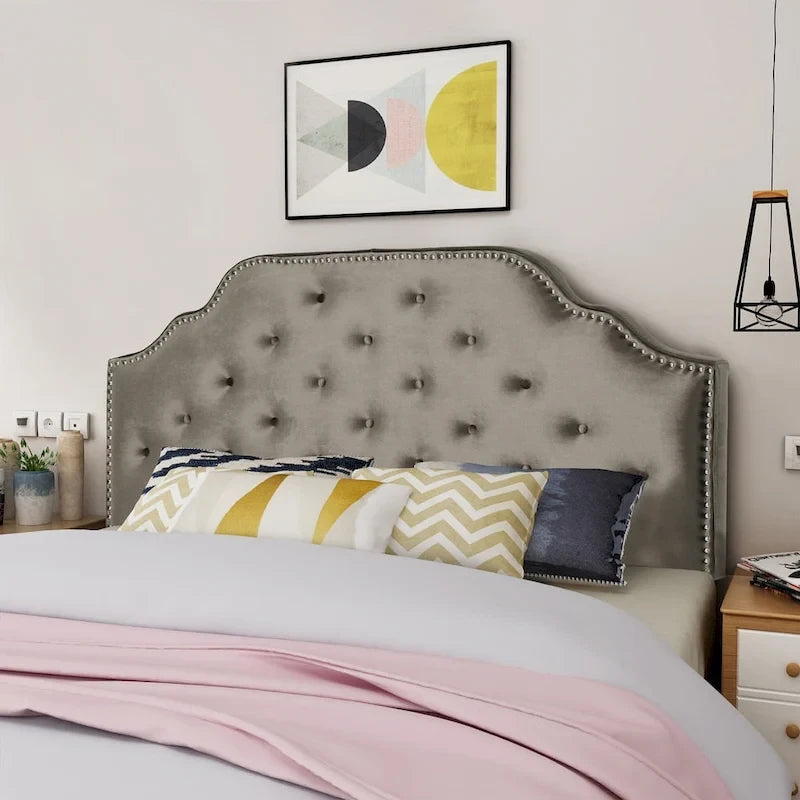 Glam Velvet Full/Queen Headboard with Button Tufting and Nailhead Accents