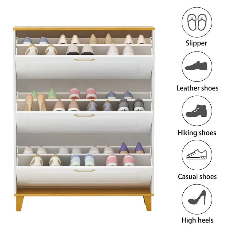 24-Pair Shoe Storage Cabinet with 3 Flip Drawers White