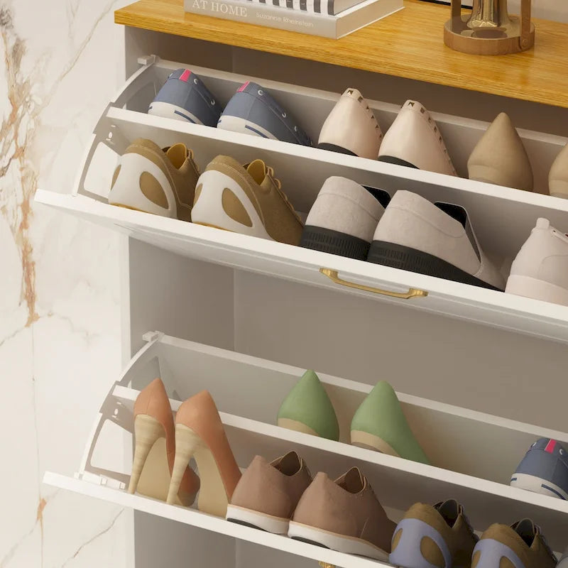 24-Pair Shoe Storage Cabinet with 3 Flip Drawers White