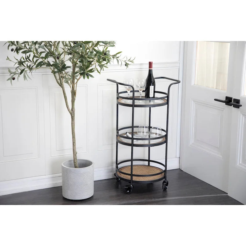 Metal Rolling 1 Rattan and 2 Glass Shelves Bar Cart with Handles - Brown -  - 16Wx21Lx35H