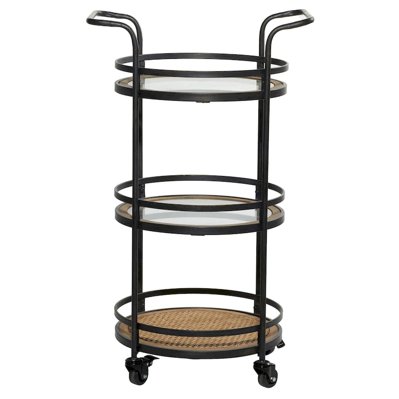 Metal Rolling 1 Rattan and 2 Glass Shelves Bar Cart with Handles - Brown -  - 16Wx21Lx35H