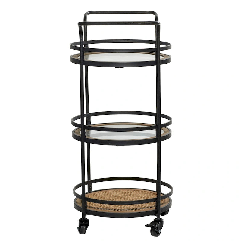 Metal Rolling 1 Rattan and 2 Glass Shelves Bar Cart with Handles - Brown -  - 16Wx21Lx35H