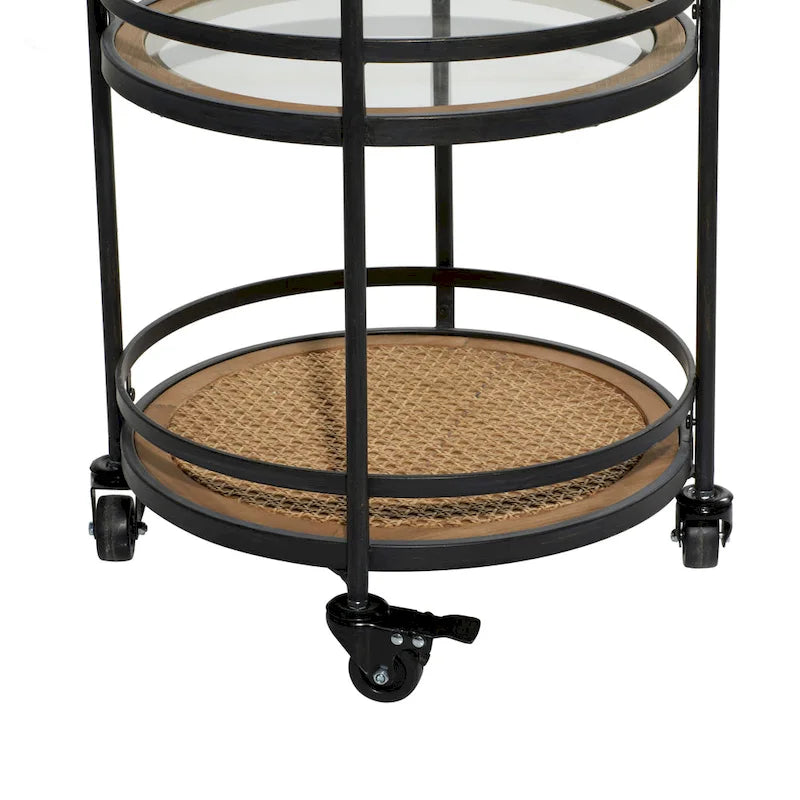 Metal Rolling 1 Rattan and 2 Glass Shelves Bar Cart with Handles - Brown -  - 16Wx21Lx35H