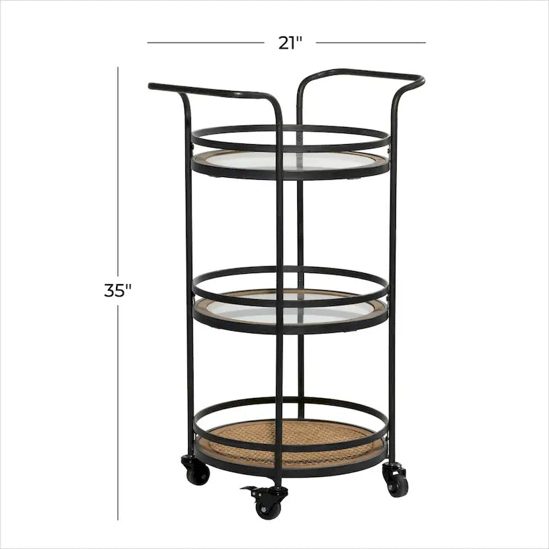 Metal Rolling 1 Rattan and 2 Glass Shelves Bar Cart with Handles - Brown -  - 16Wx21Lx35H