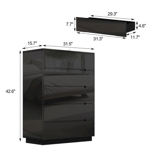 5-Drawer Chest Bedroom Dresser in White High Gloss with LED Light