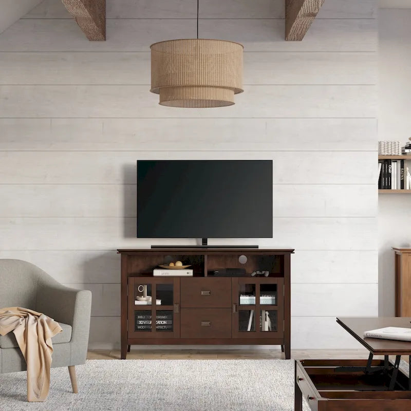 48-Inch Solid Wood TV Stand with Storage Cabinets in Russet Brown
