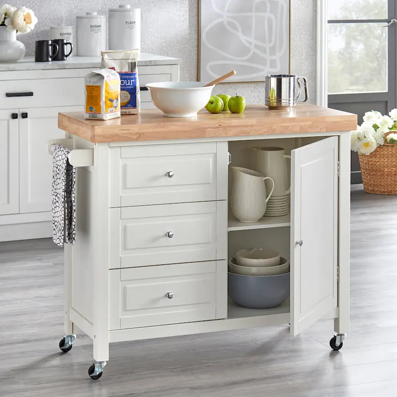 Rolling Kitchen Island Cart with Rubberwood Top