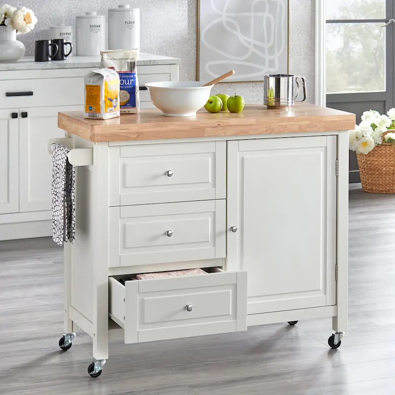 Rolling Kitchen Island Cart with Rubberwood Top