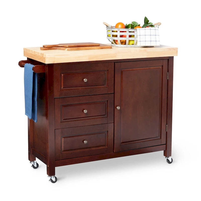 Rolling Kitchen Island Cart with Rubberwood Top