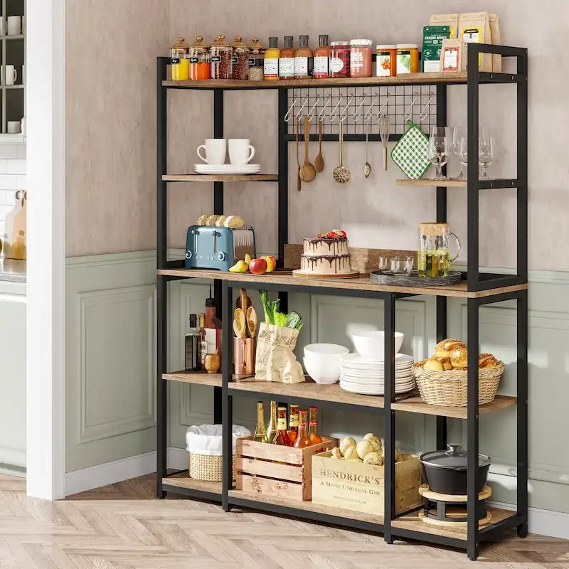 55 Wide Kitchen Hutch Cabinet Microwave Stand with 11 Hooks