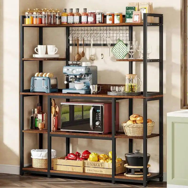 55 Wide Kitchen Hutch Cabinet Microwave Stand with 11 Hooks