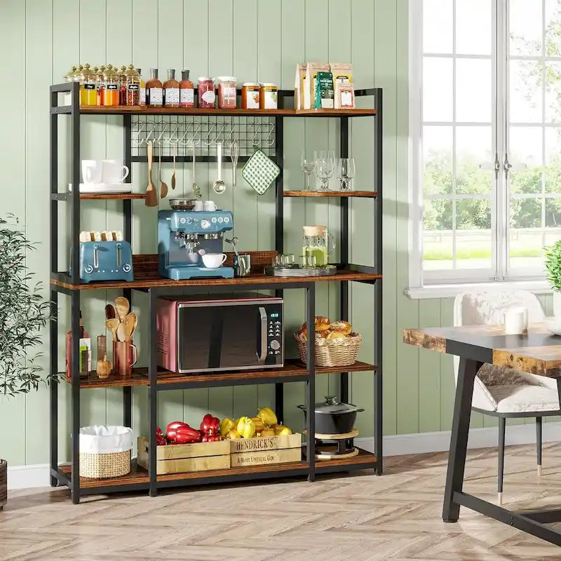 55 Wide Kitchen Hutch Cabinet Microwave Stand with 11 Hooks