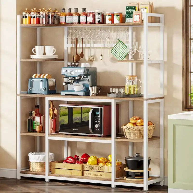 55 Wide Kitchen Hutch Cabinet Microwave Stand with 11 Hooks