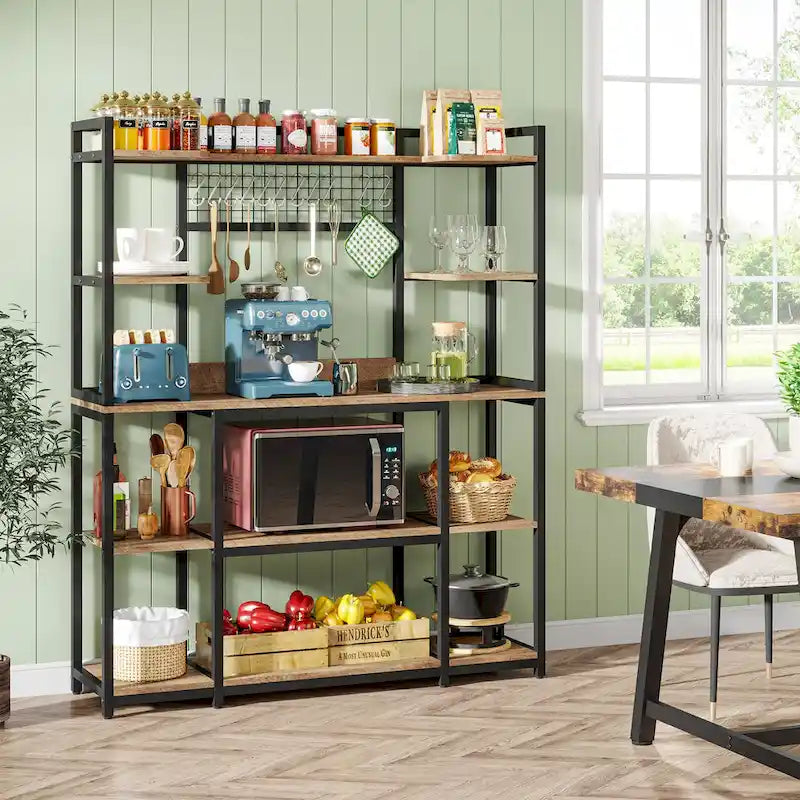 55 Wide Kitchen Hutch Cabinet Microwave Stand with 11 Hooks