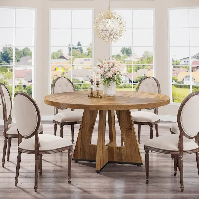 Round Farmhouse Dining Table for 4, 47-Inch
