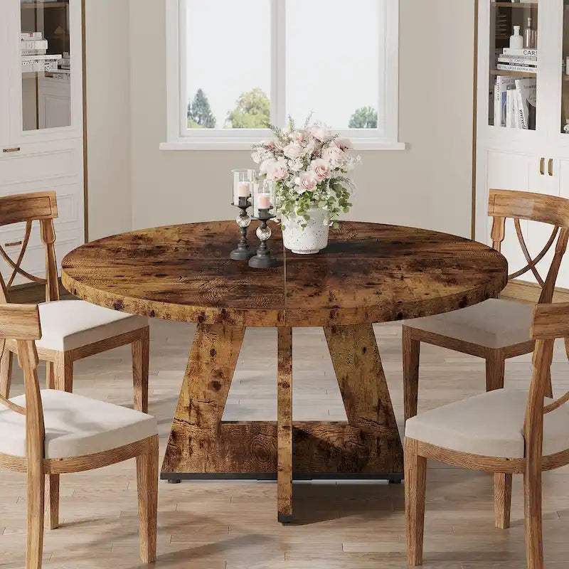 Round Farmhouse Dining Table for 4, 47-Inch