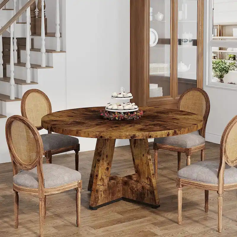 Round Farmhouse Dining Table for 4, 47-Inch
