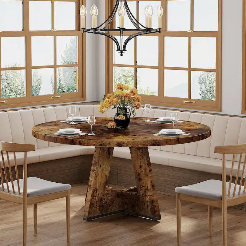 Round Farmhouse Dining Table for 4, 47-Inch