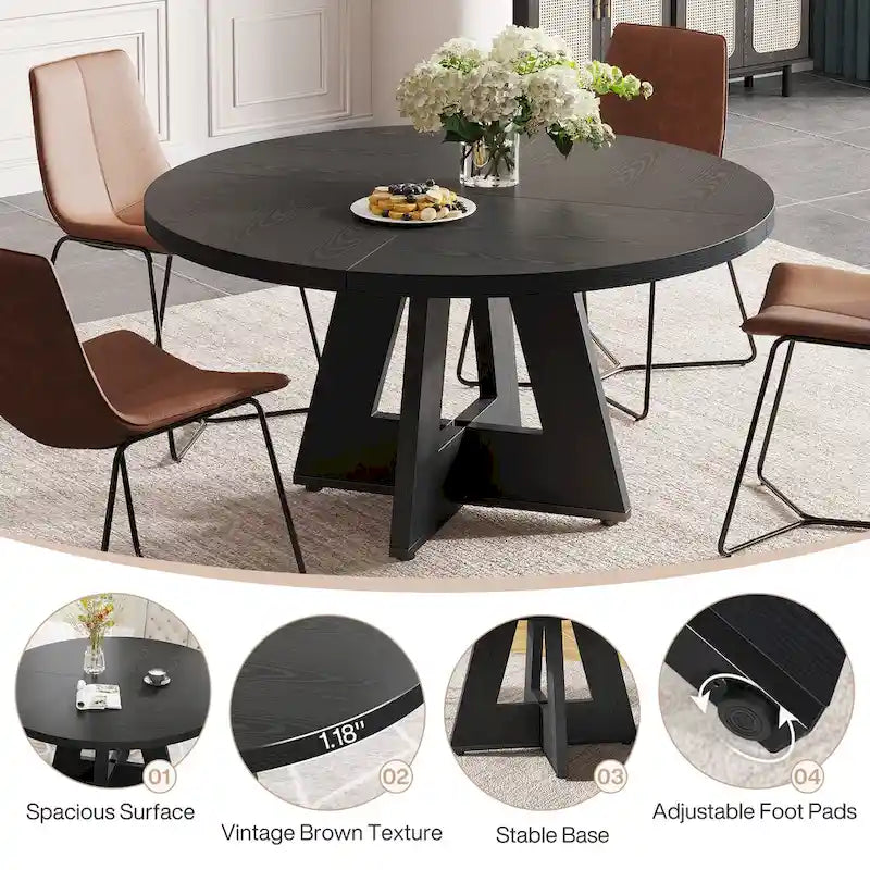 Round Farmhouse Dining Table for 4, 47-Inch