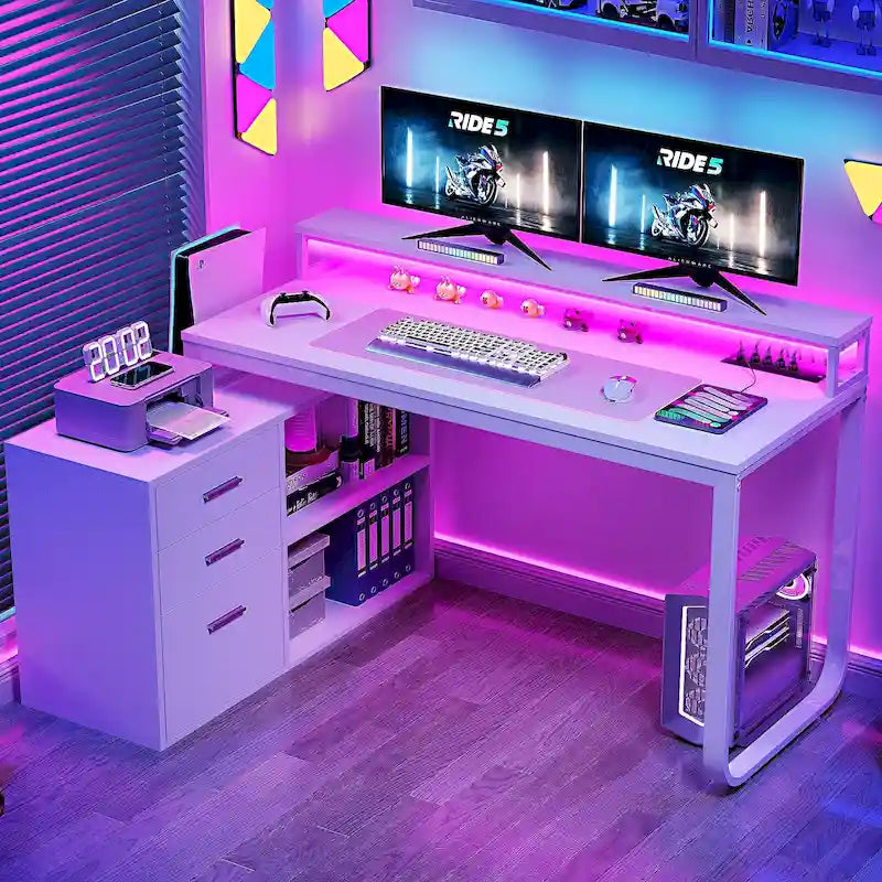 55 Inch L-shaped Gaming Desk with Power Outlets and LED Lights Computer Corner Desk with File Cabinet Monitor Stand
