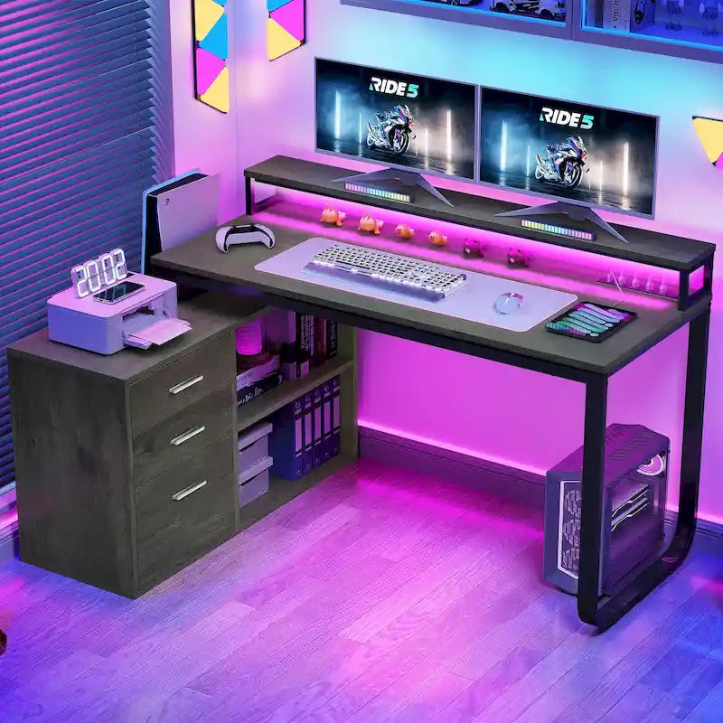 55 Inch L-shaped Gaming Desk with Power Outlets and LED Lights Computer Corner Desk with File Cabinet Monitor Stand