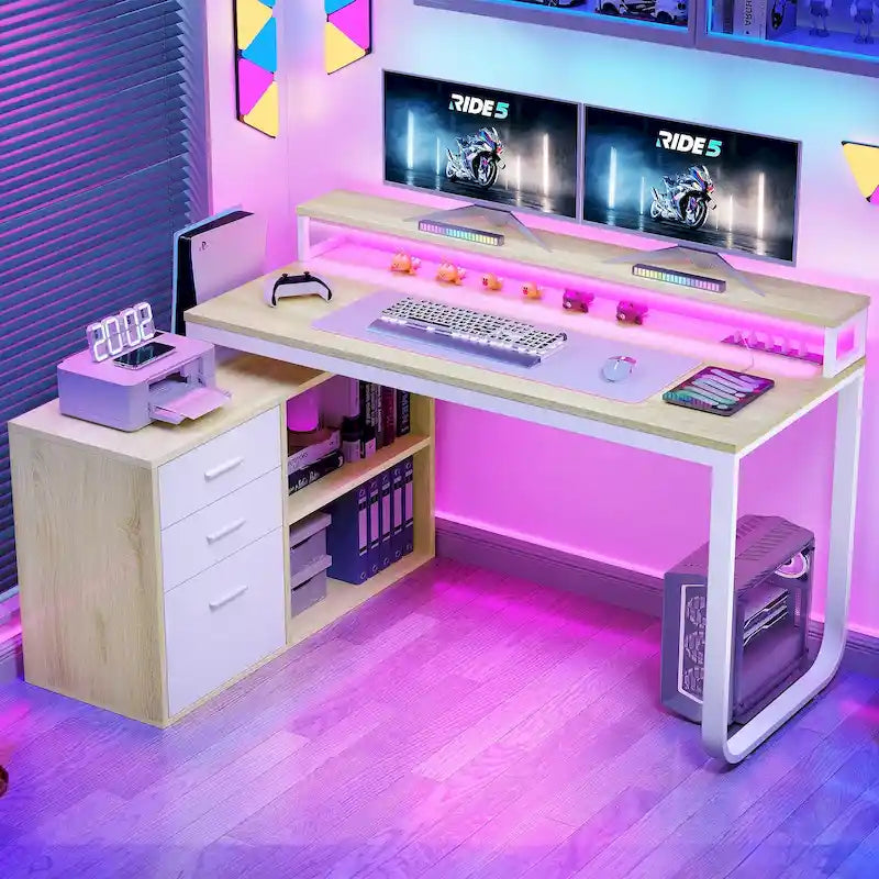 55 Inch L-shaped Gaming Desk with Power Outlets and LED Lights Computer Corner Desk with File Cabinet Monitor Stand