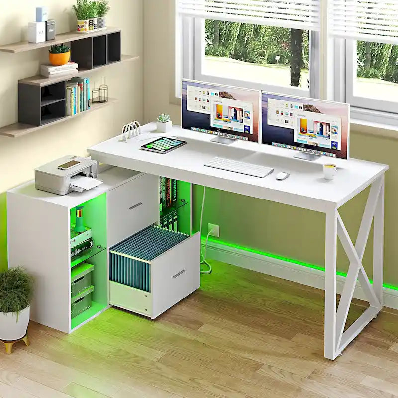 55 Inch L-shaped Gaming Desk with Power Outlets and LED Lights Computer Corner Desk with File Cabinet Monitor Stand