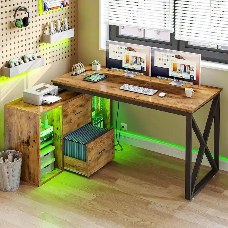 55 Inch L-shaped Gaming Desk with Power Outlets and LED Lights Computer Corner Desk with File Cabinet Monitor Stand