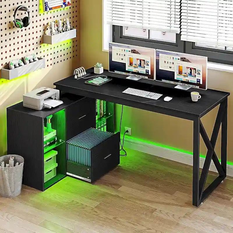55 Inch L-shaped Gaming Desk with Power Outlets and LED Lights Computer Corner Desk with File Cabinet Monitor Stand