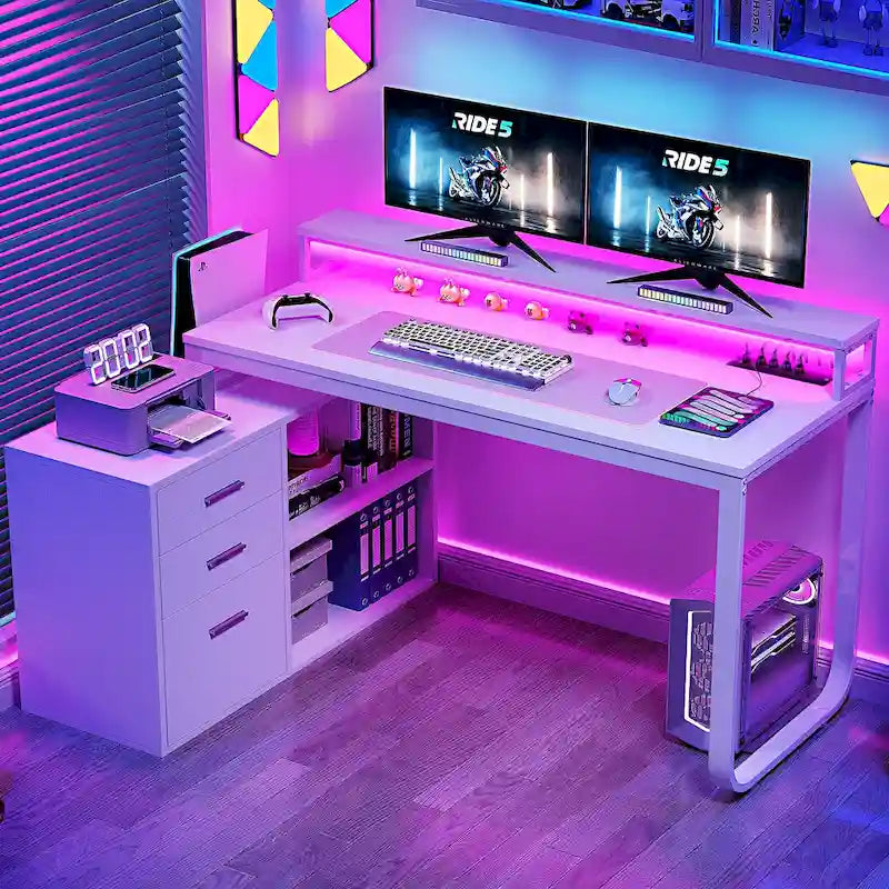55 Inch L-shaped Gaming Desk with Power Outlets and LED Lights Computer Corner Desk with File Cabinet Monitor Stand