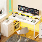 55 Inch L-shaped Gaming Desk with Power Outlets and LED Lights Computer Corner Desk with File Cabinet Monitor Stand